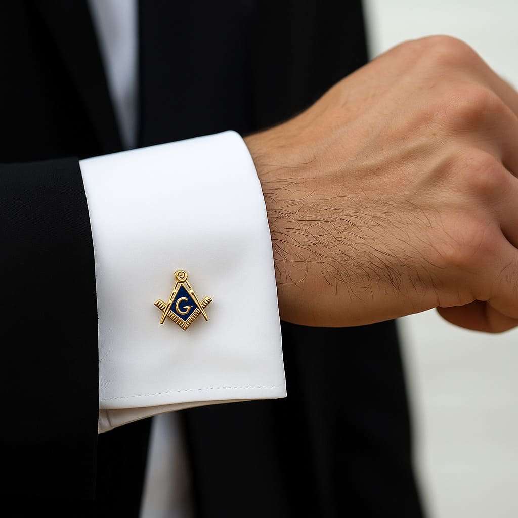 Abotoaduras Luks Maçônicas Quadradas em Metal Dourado - Símbolo Esquadro e Compasso Azul para Cerimônias e Eventos Formais