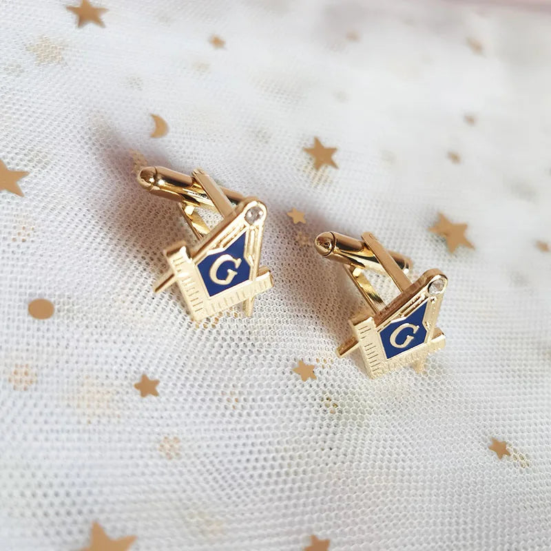 Abotoaduras Luks Maçônicas Quadradas em Metal Dourado - Símbolo Esquadro e Compasso Azul para Cerimônias e Eventos Formais