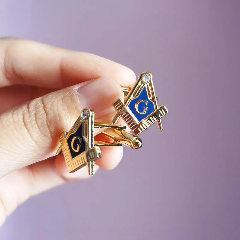 Abotoaduras Luks Maçônicas Quadradas em Metal Dourado - Símbolo Esquadro e Compasso Azul para Cerimônias e Eventos Formais