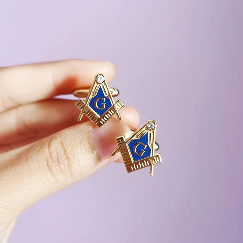 Abotoaduras Luks Maçônicas Quadradas em Metal Dourado - Símbolo Esquadro e Compasso Azul para Cerimônias e Eventos Formais