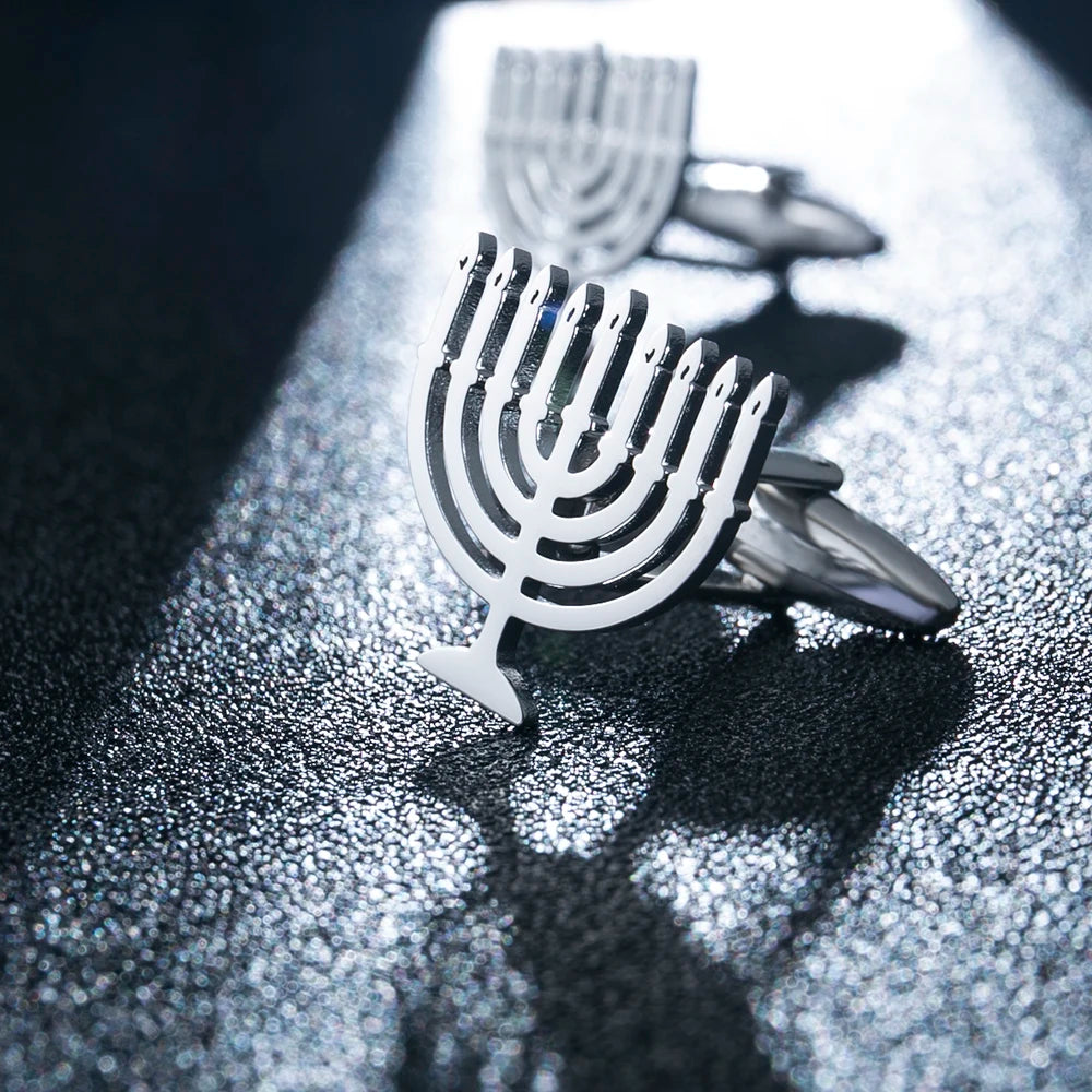 Abotoaduras Luks Menorá Judaica em Aço Inoxidável - Acessório Religioso para Camisa, Terno, Casamento e Cerimônias