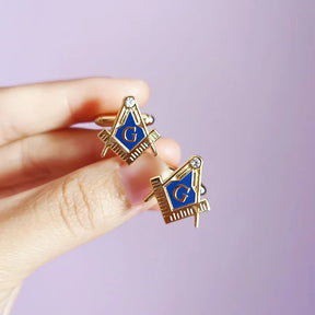 Abotoaduras Luks Maçônicas Quadradas em Metal Dourado - Símbolo Esquadro e Compasso Azul para Cerimônias e Eventos Formais