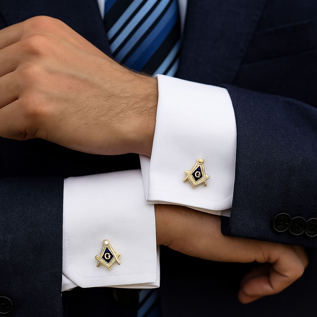 Abotoaduras Luks Maçônicas Quadradas em Metal Dourado - Símbolo Esquadro e Compasso Azul para Cerimônias e Eventos Formais