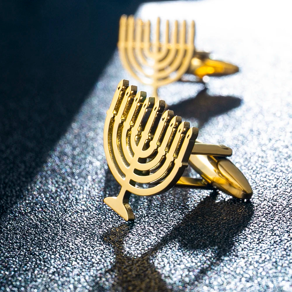 Abotoaduras Luks Menorá Judaica em Aço Inoxidável - Acessório Religioso para Camisa, Terno, Casamento e Cerimônias