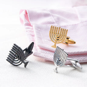Abotoaduras Luks Menorá Judaica em Aço Inoxidável - Acessório Religioso para Camisa, Terno, Casamento e Cerimônias
