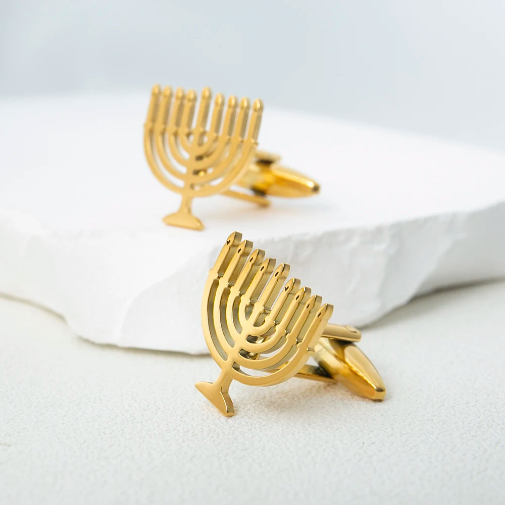 Abotoaduras Luks Menorá Judaica em Aço Inoxidável - Acessório Religioso para Camisa, Terno, Casamento e Cerimônias