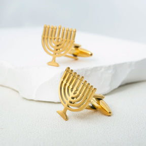 Abotoaduras Luks Menorá Judaica em Aço Inoxidável - Acessório Religioso para Camisa, Terno, Casamento e Cerimônias