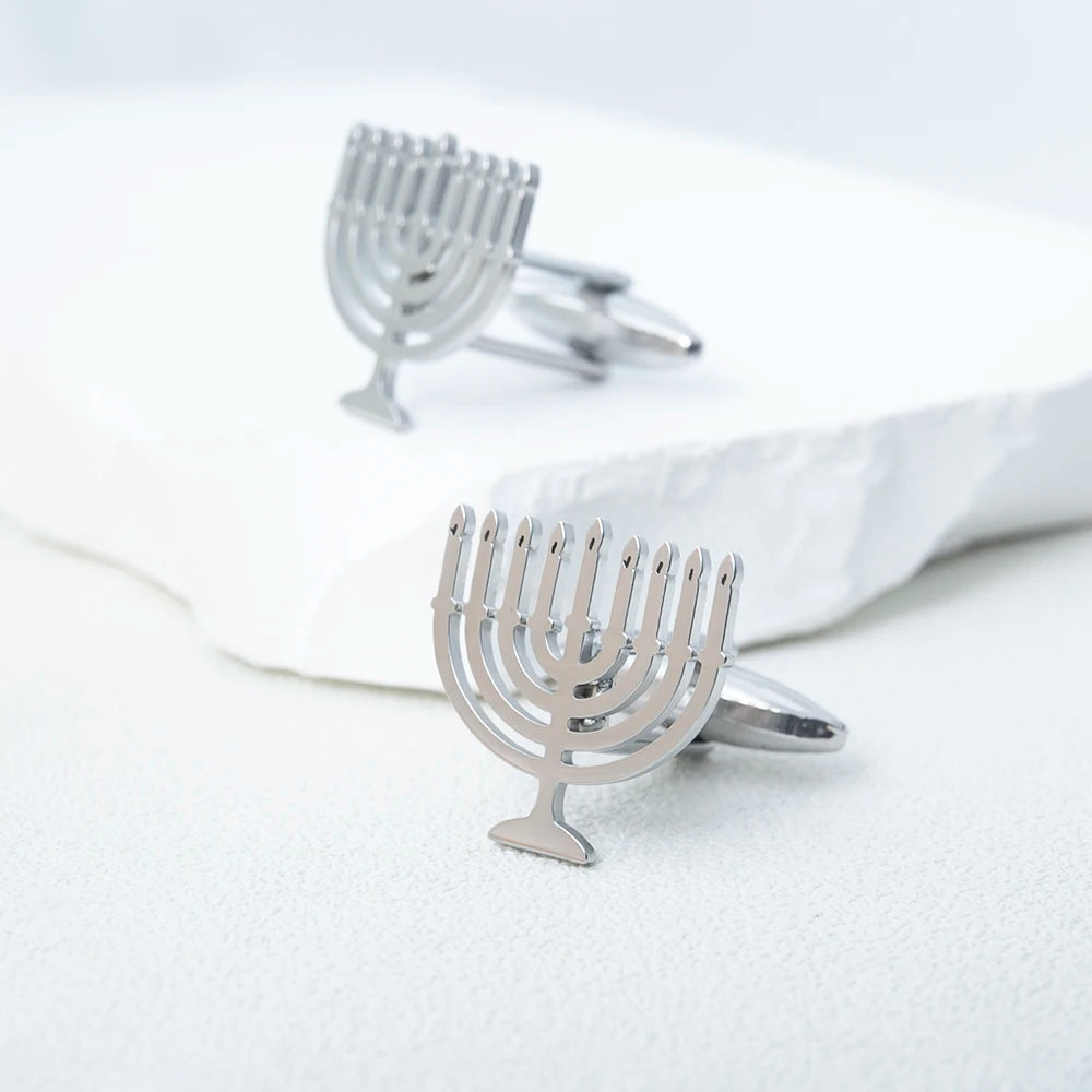Abotoaduras Luks Menorá Judaica em Aço Inoxidável - Acessório Religioso para Camisa, Terno, Casamento e Cerimônias