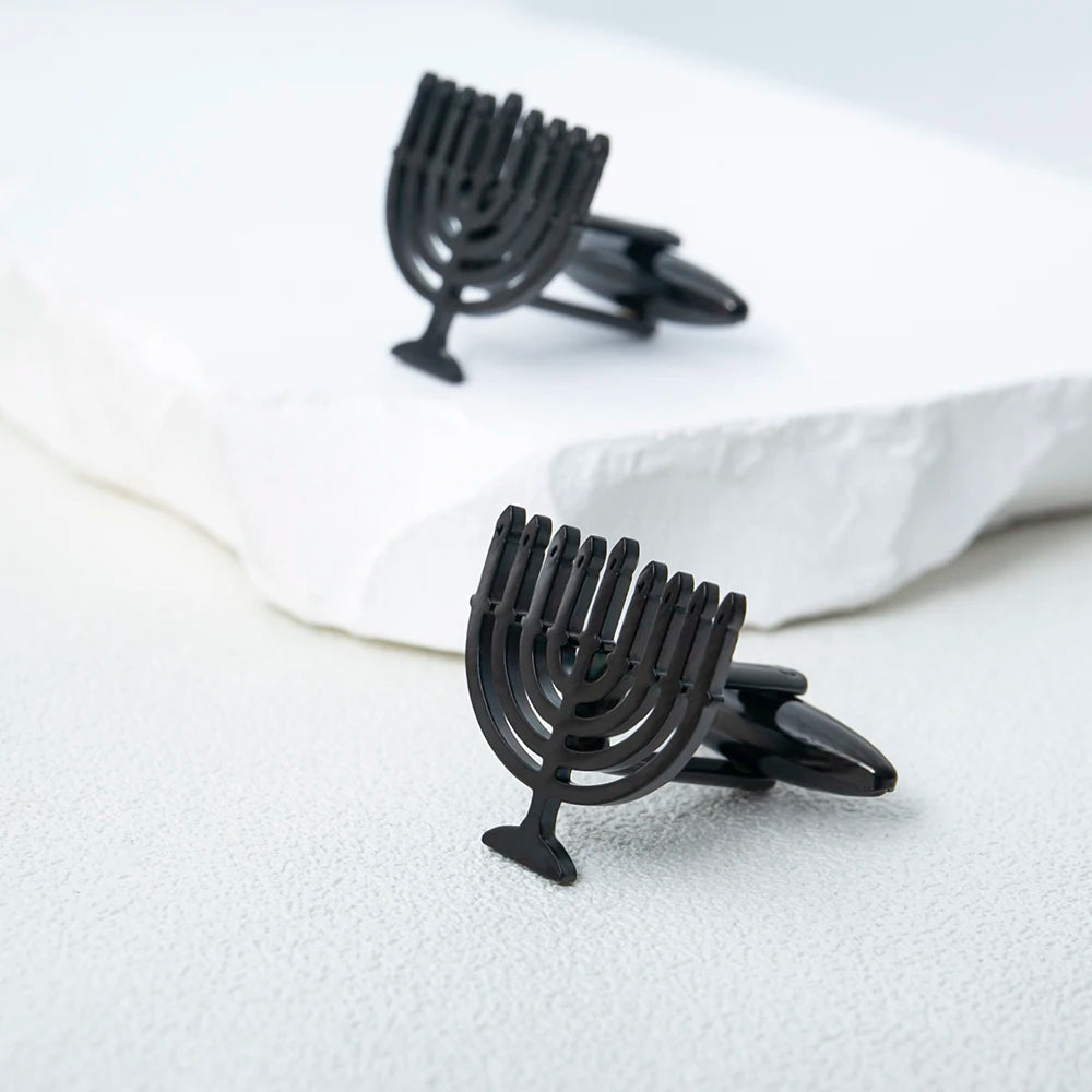 Abotoaduras Luks Menorá Judaica em Aço Inoxidável - Acessório Religioso para Camisa, Terno, Casamento e Cerimônias