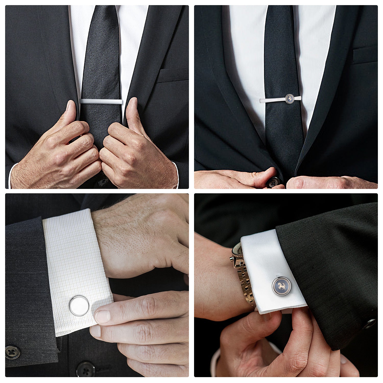 Kit Executivo em uso - homem elegante vestindo terno com prendedor de gravata e abotoaduras
